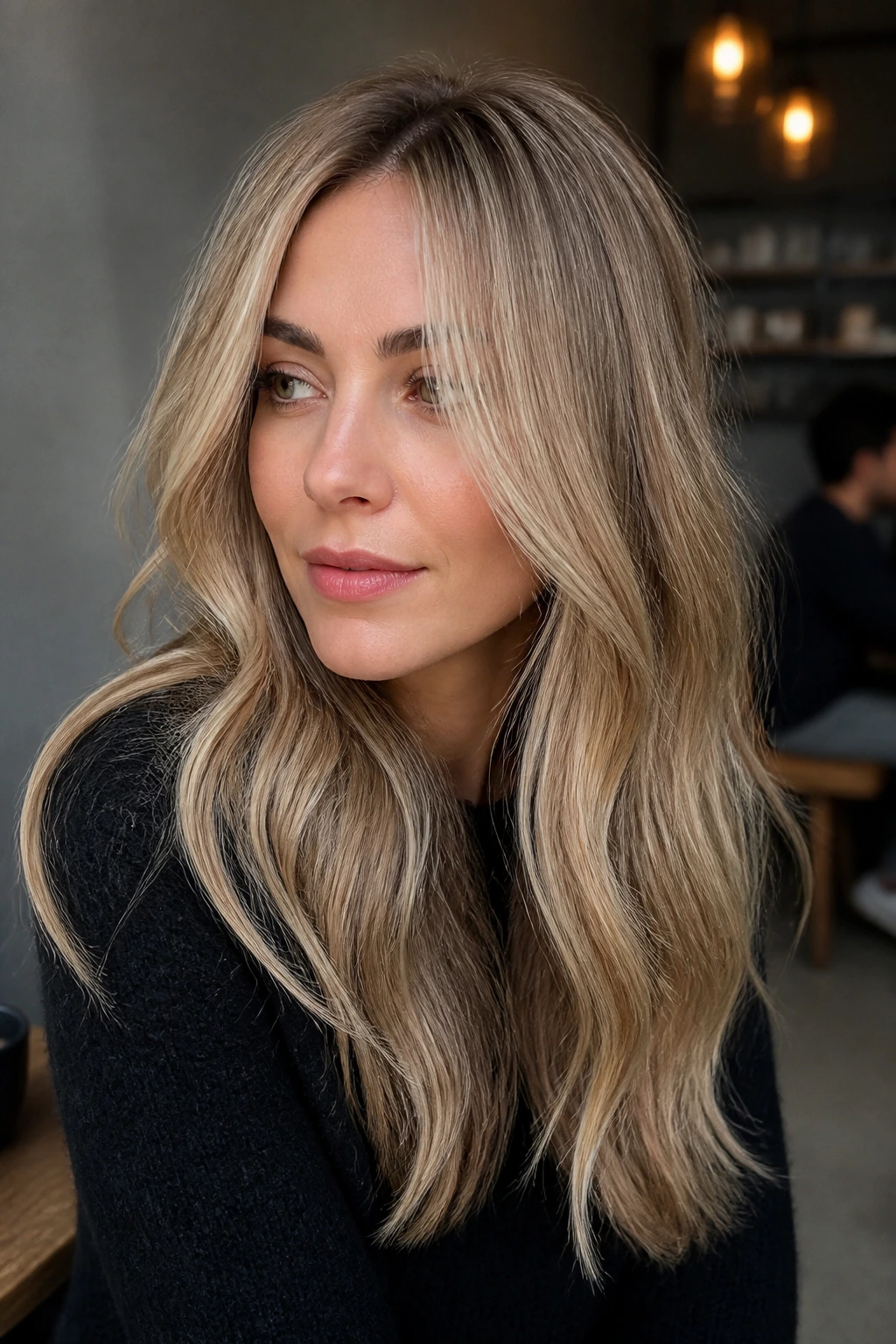 Close-up portrait of a real woman with beige almond blonde hair in a cozy cafe