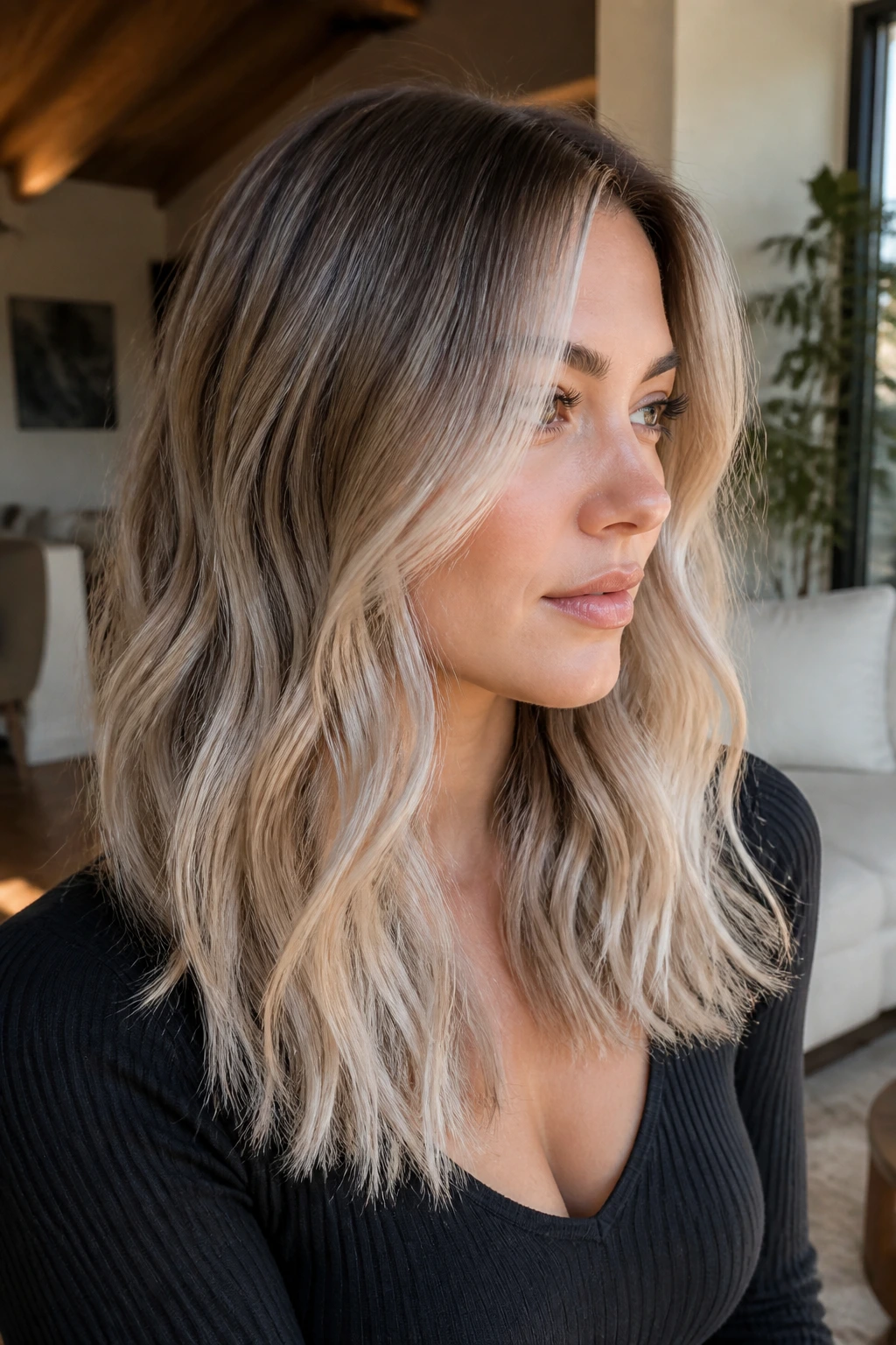 Real woman with beige ash ombré showing gradient from roots to ends