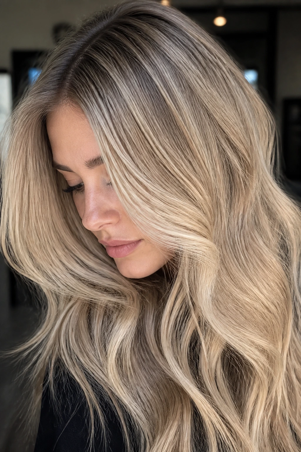 Close-up of a woman with beige babylight blonde hair and soft root shadow in natural light