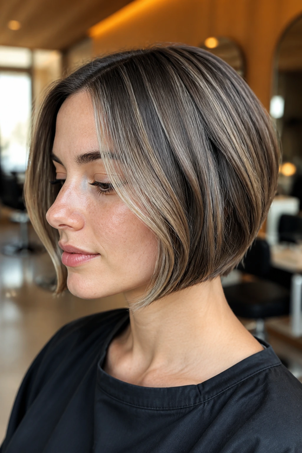 French bob with cool beige babylights along part and cheekbones