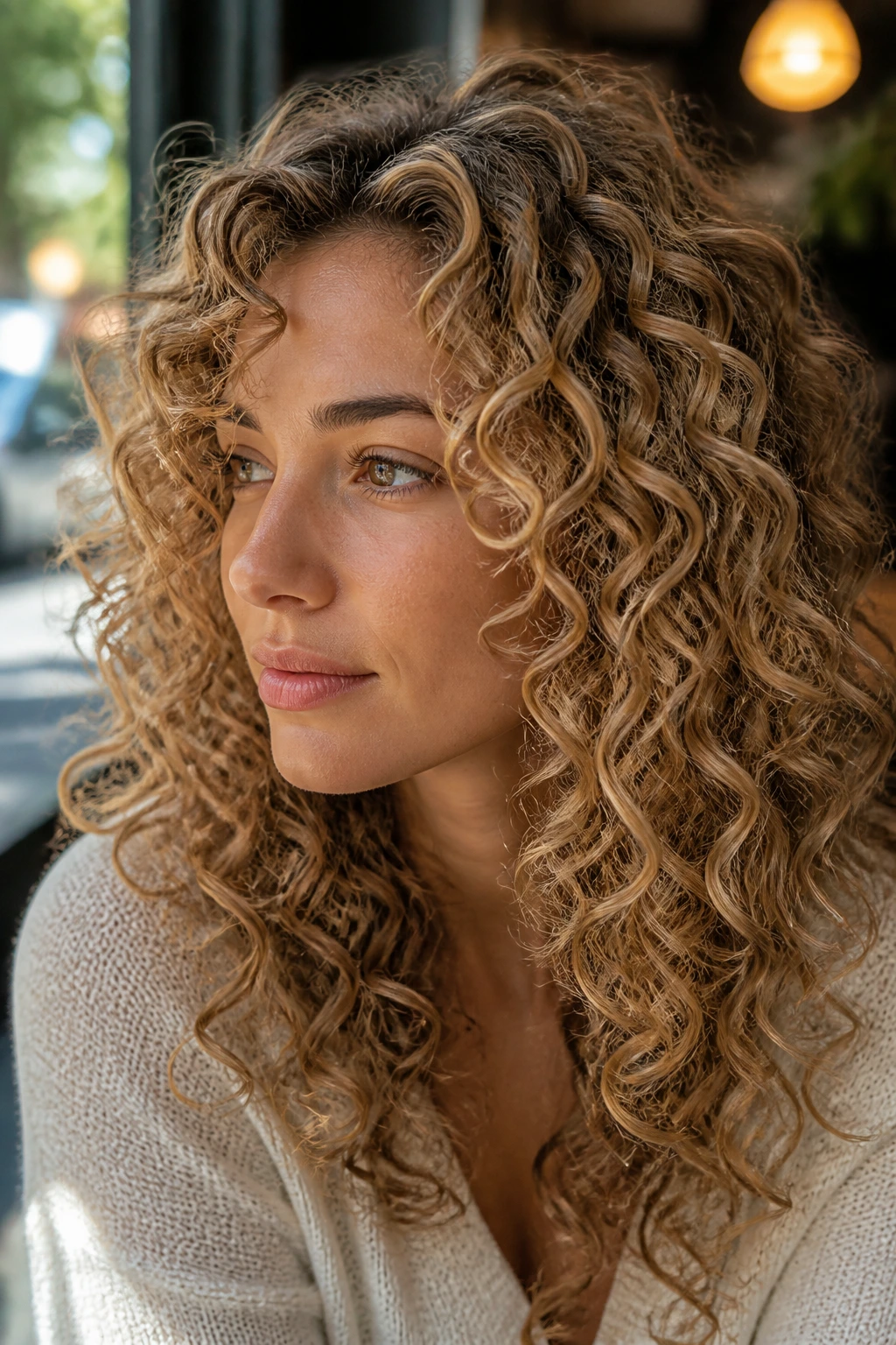 Close-up of beige babylights halo on curly hair around crown