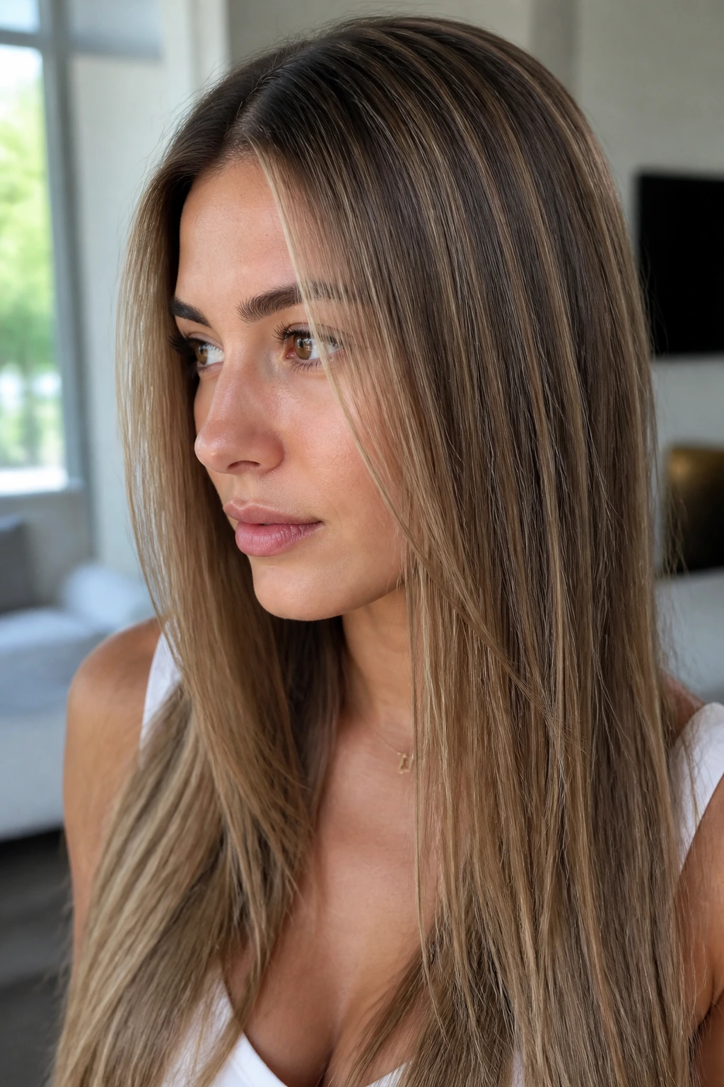Close-up of a real woman's straight hair with beige babylights on a soft brown base