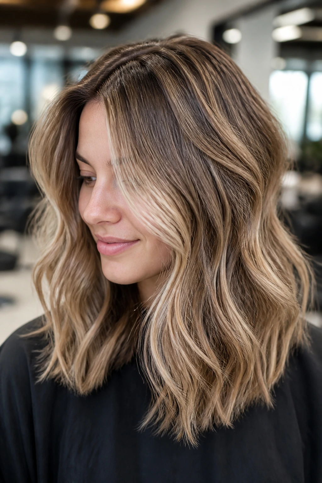 Close-up of beige balayage-babylight blend on mid-length hair with subtle micro babylights