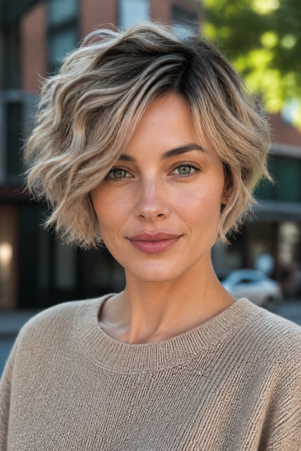 Front-facing portrait of a real woman with beige balayage bixie cut in natural light