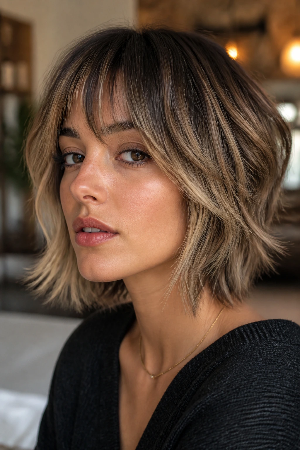 Portrait of a real person with a chin-grazing wolf cut and beige balayage.