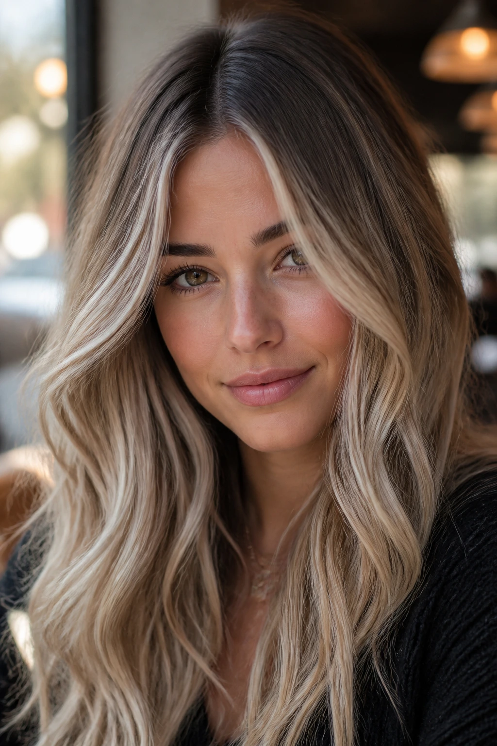 Close-up of beige balayage with lived-in roots on a real person.