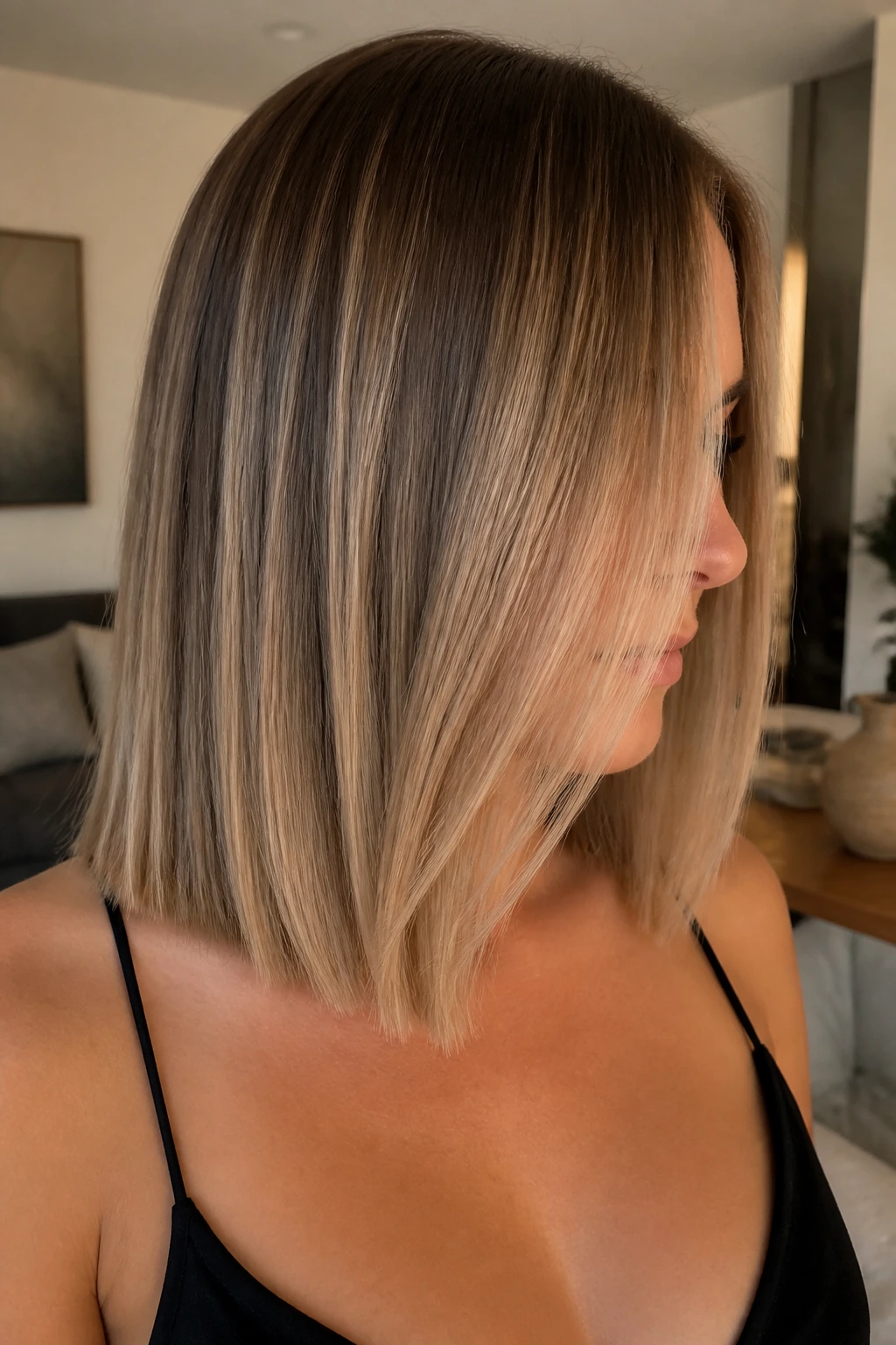 Straight lob with beige balayage and subtle root shadow on a real person