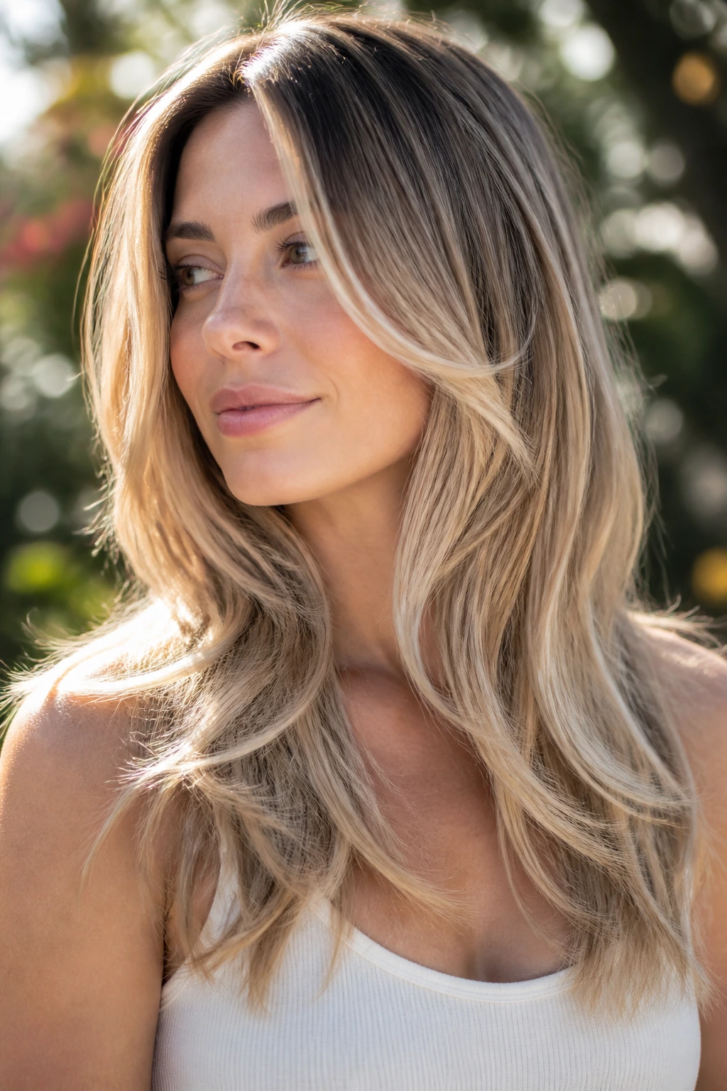 Woman with sunlit beige balayage and long layers in natural sunlight.