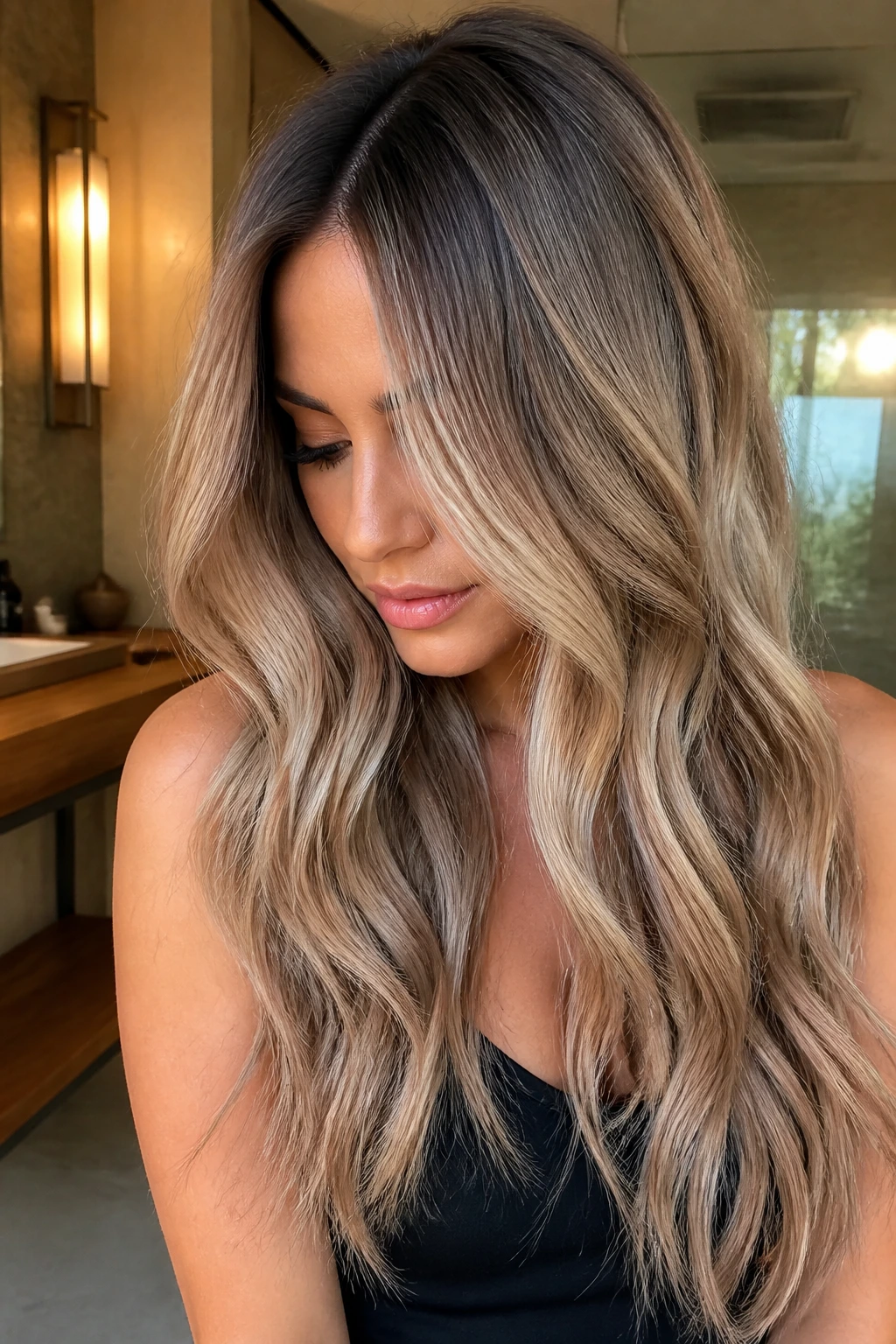 Long hair beige balayage with shadow root