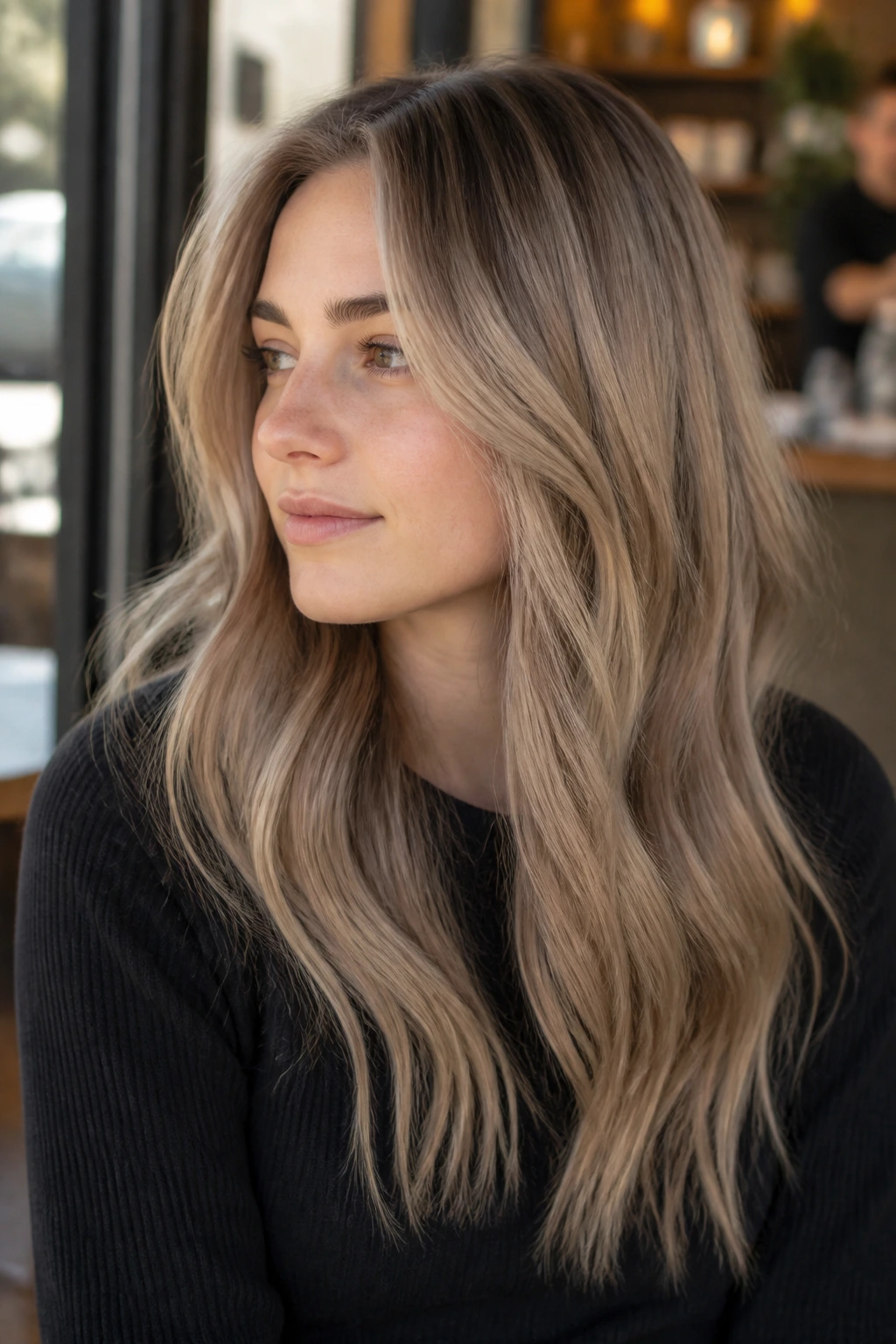 Portrait of a real person with beige-tinted hair in a cafe setting with natural light