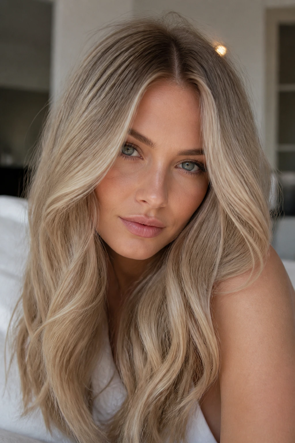 Close-up of a real person with Beige Blonde hair in a sunlit room