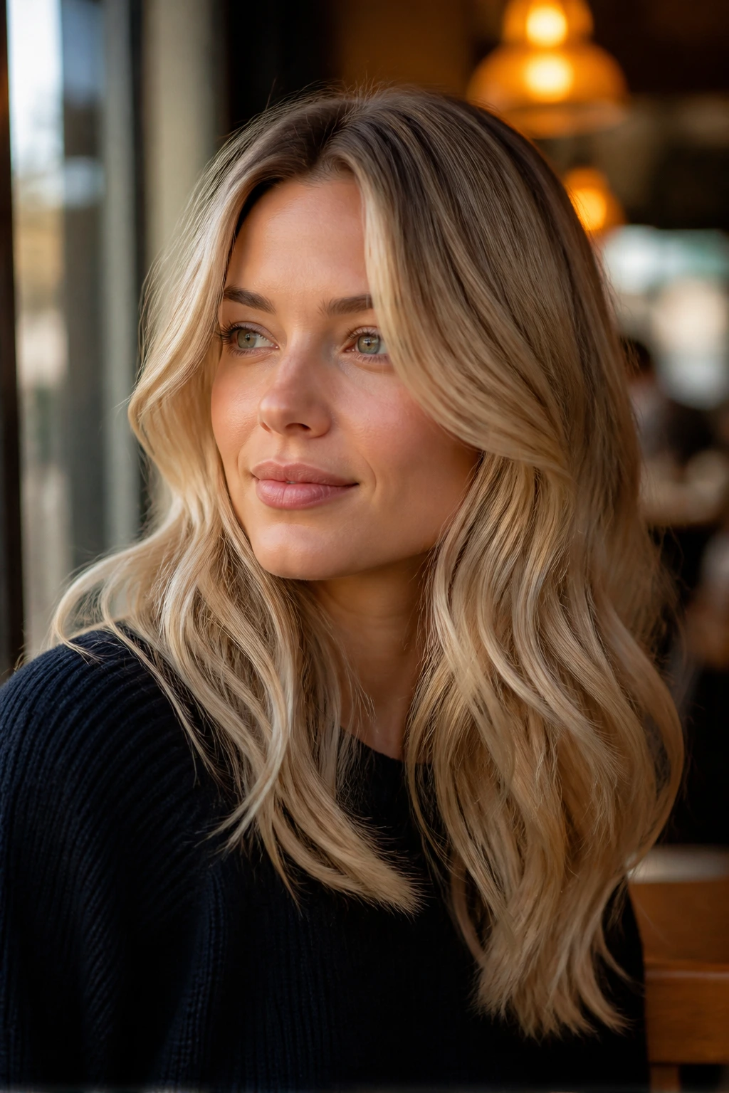 Close-up of beige blonde hair with restrained warmth and soft wave