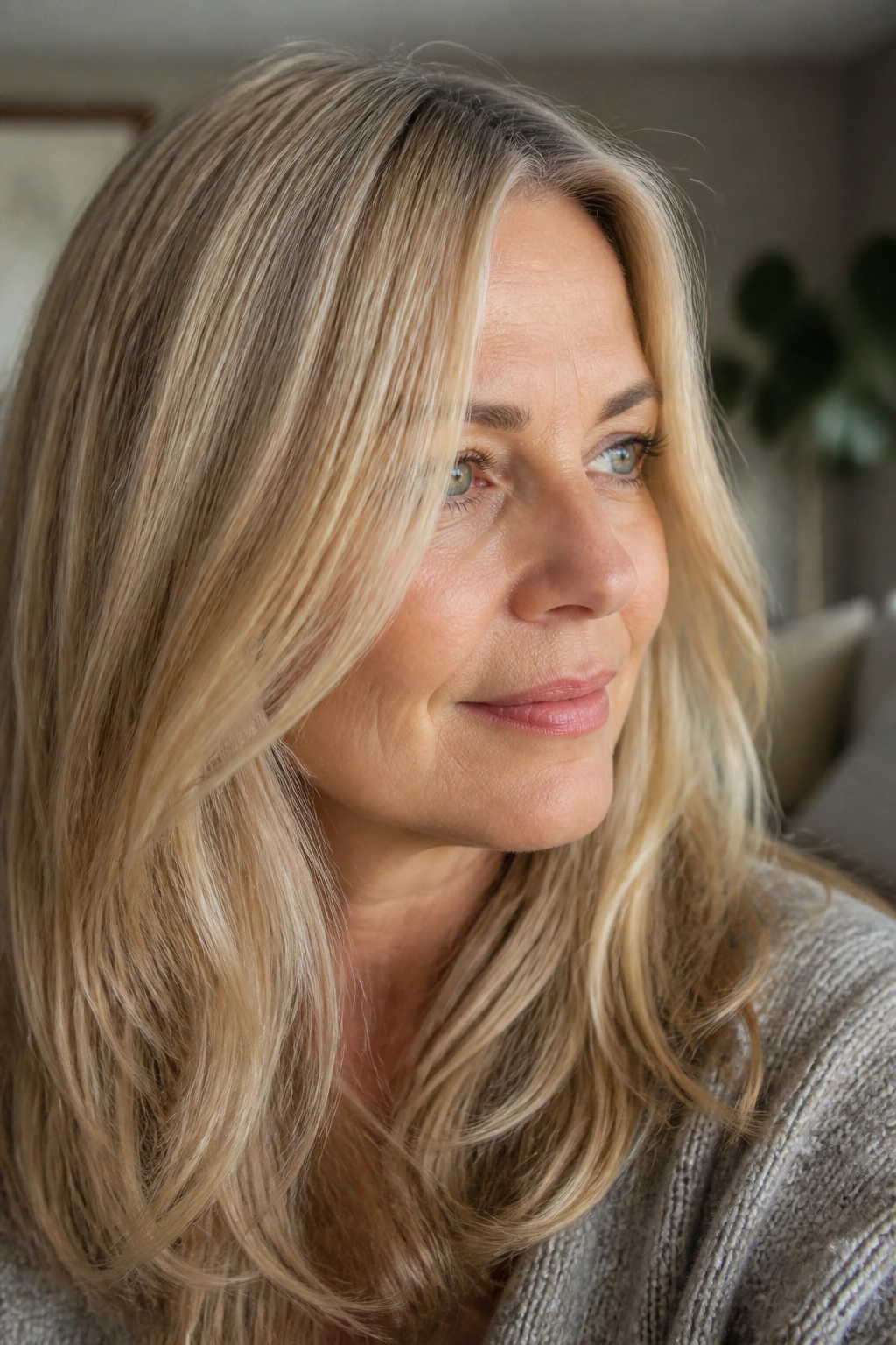 Close-up of beige blonde hair with fine baby lights on a real woman