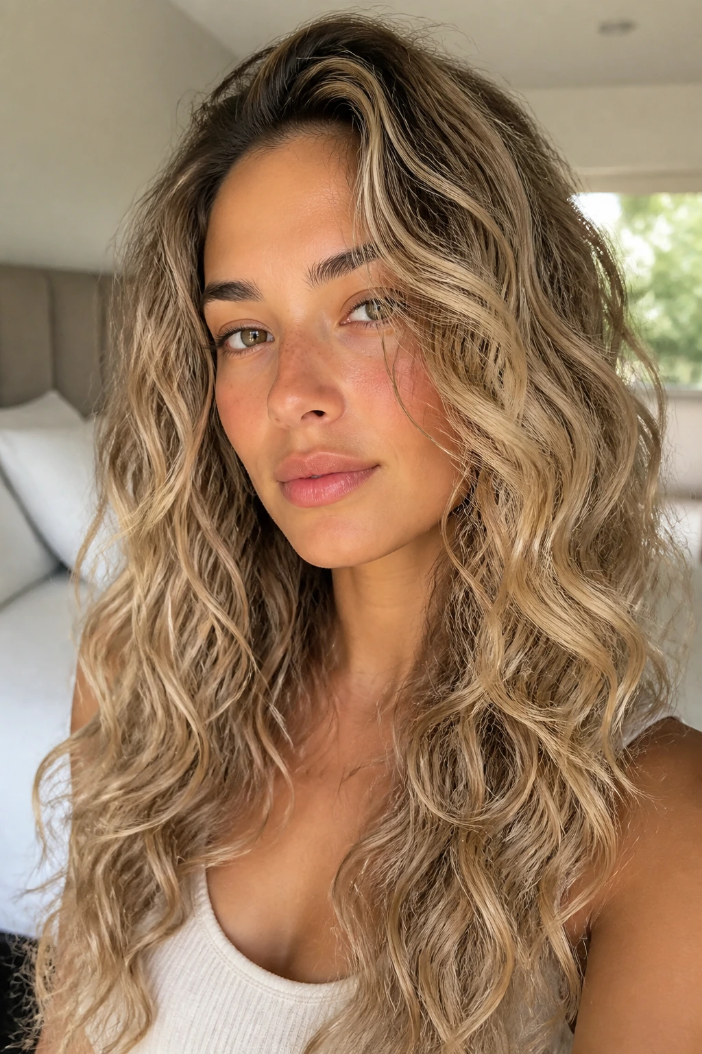 Close-up of a real woman with long curly hair beige blonde babylage