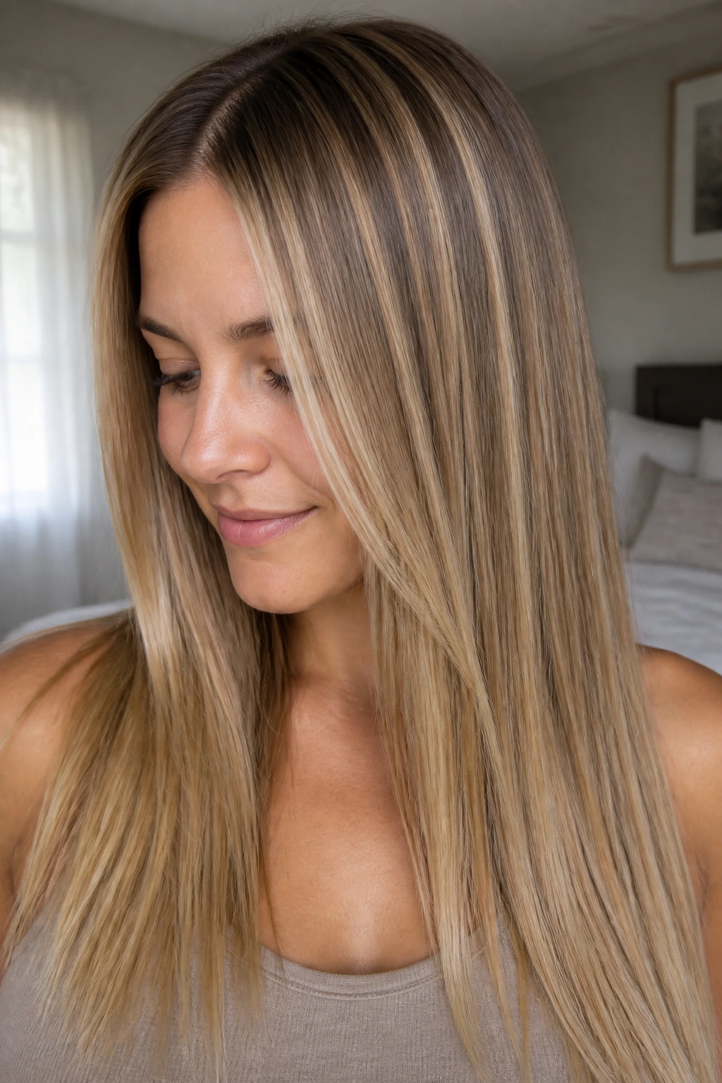 Close-up of a real woman with beige blonde babylights on straight hair, natural light