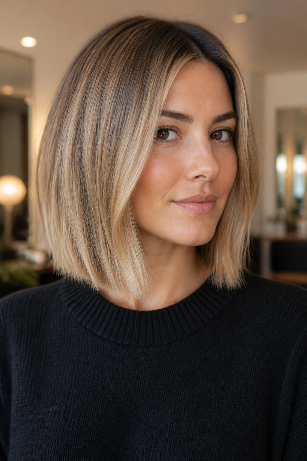 Close-up portrait of a real woman with a blunt lob and beige blonde balayage.