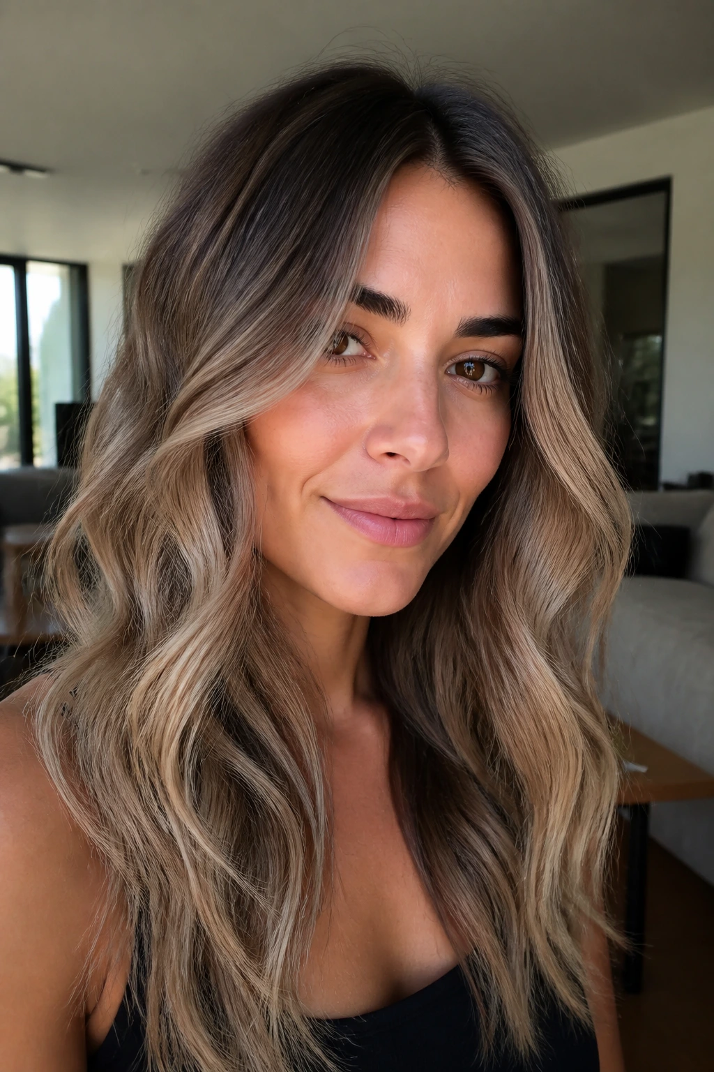 Brunette with beige blonde balayage close-up portrait
