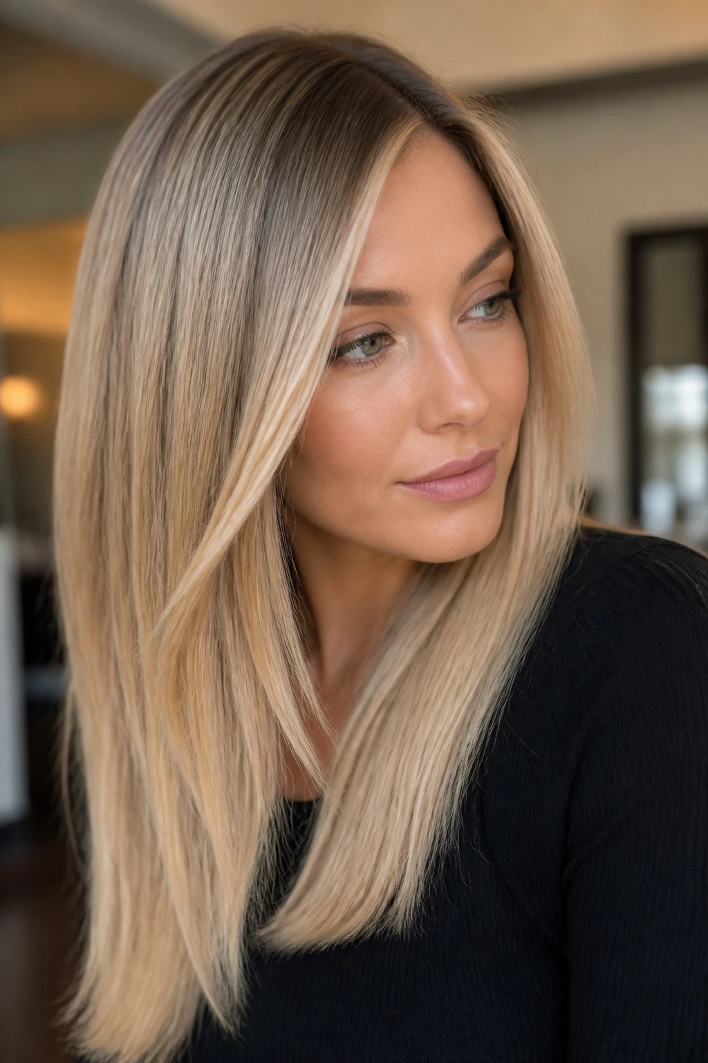 Portrait of a person with creamy beige blonde balayage hair