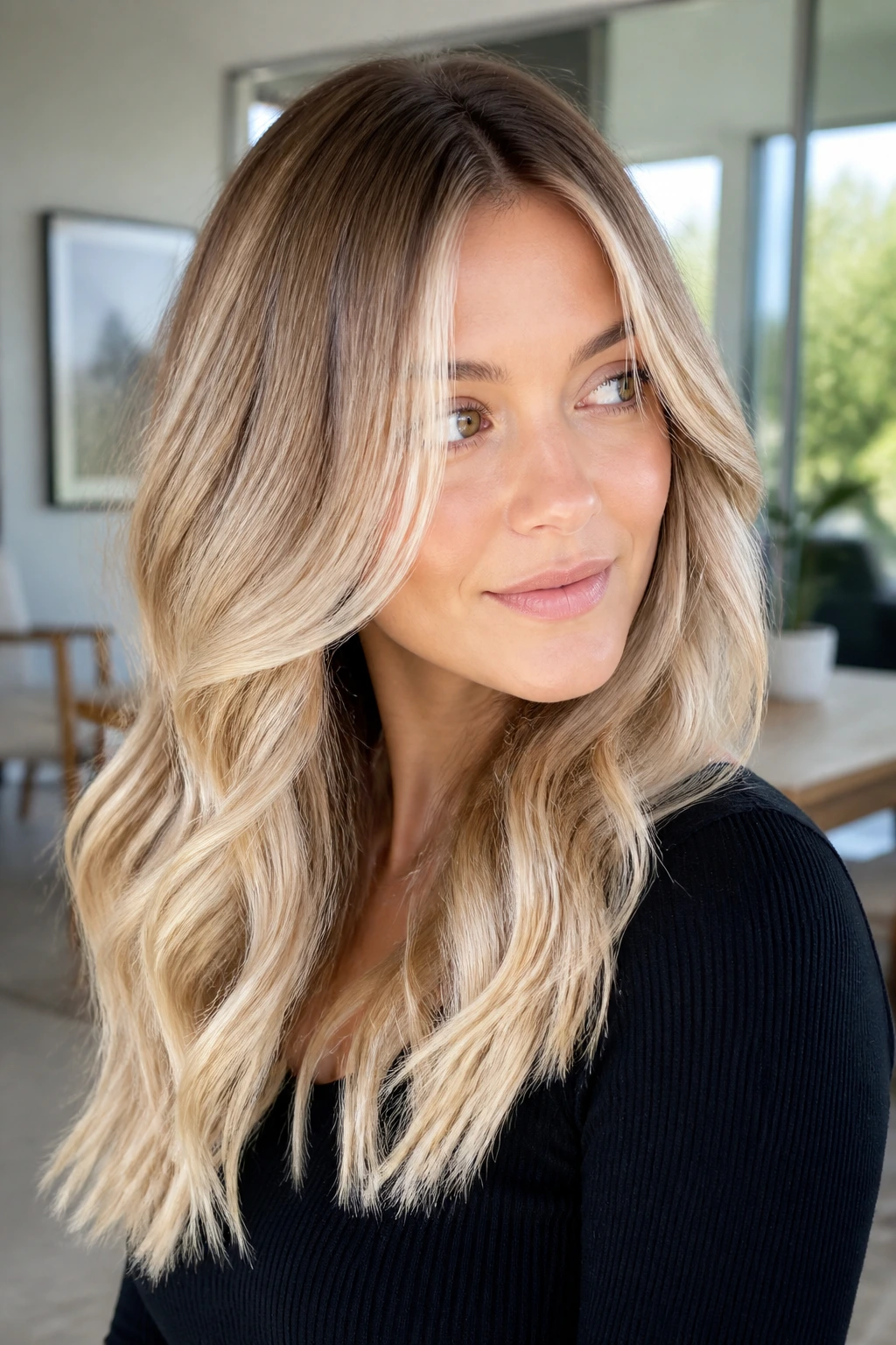 Close-up of beige blonde balayage with creamy ends on hair