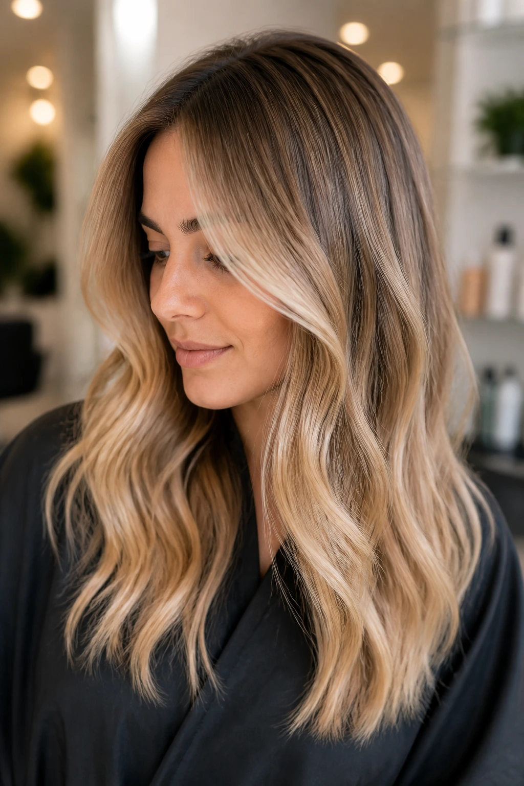 Beige blonde balayage over dark blonde with soft transition and face-framing pieces.