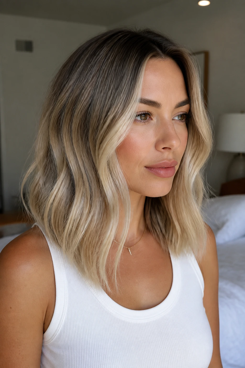 Real woman with beige blonde melt on shoulder-length hair.