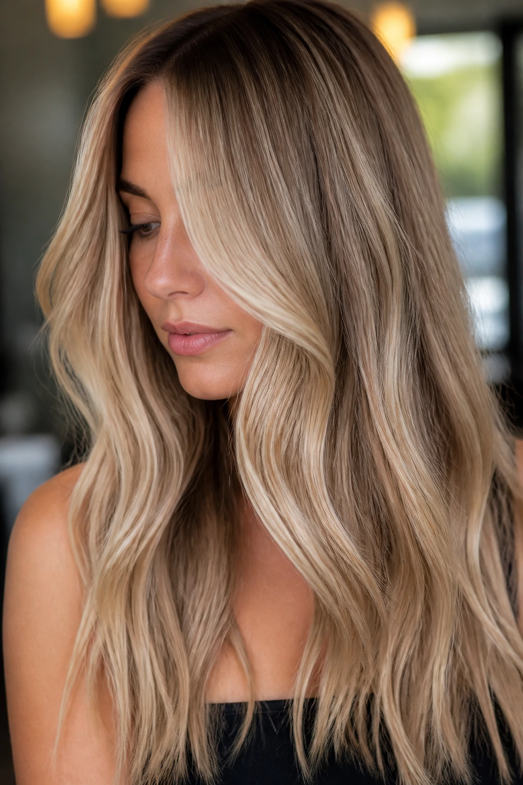 Close-up of long hair with beige blonde balayage and subtle root shadow.