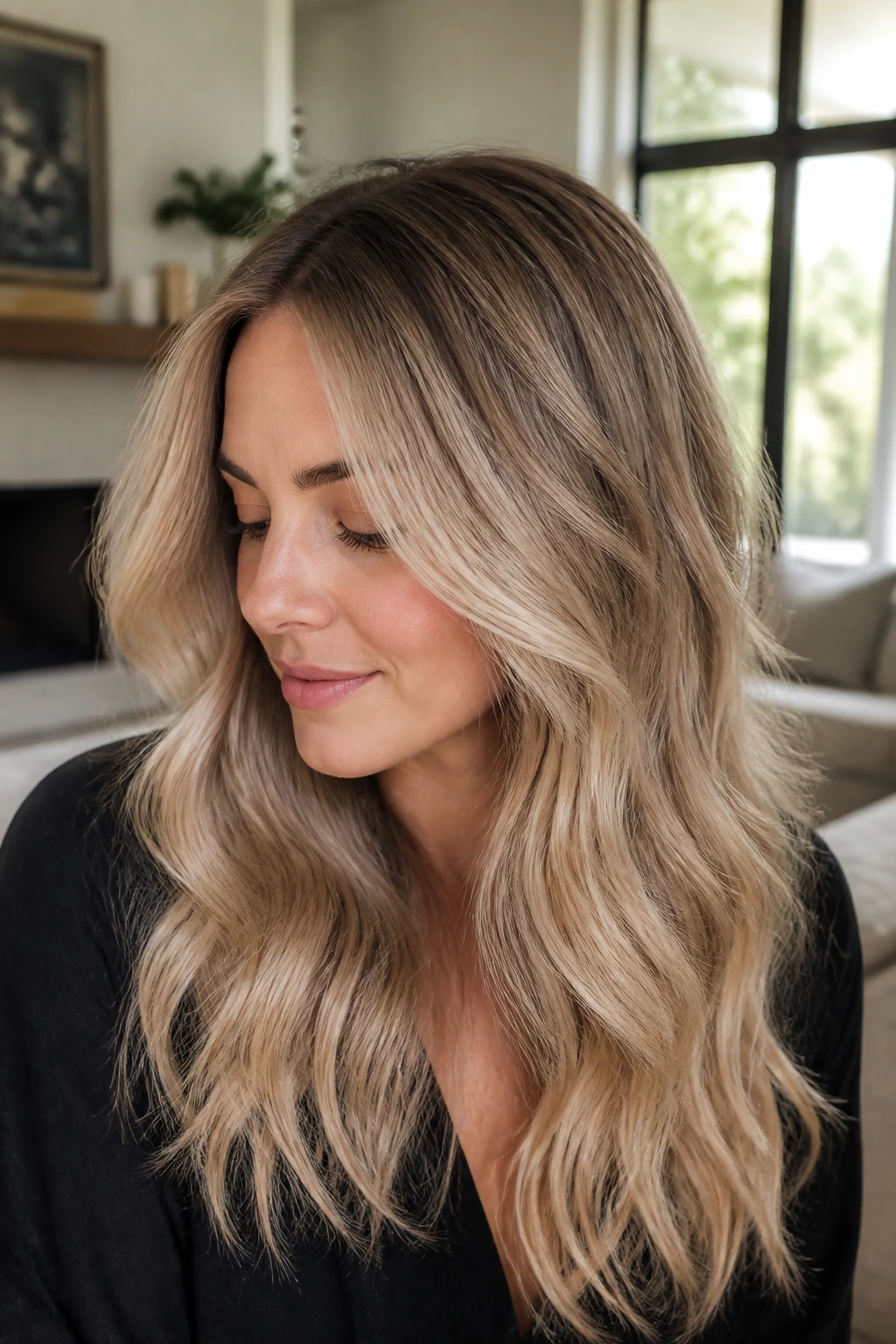 Portrait of a woman with beige blonde balayage and subtle root melt in daylight