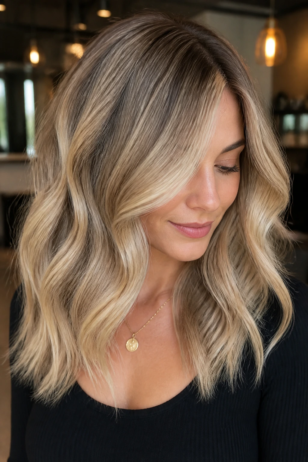 Close-up of beige blonde balayage with a soft root shadow on a real person