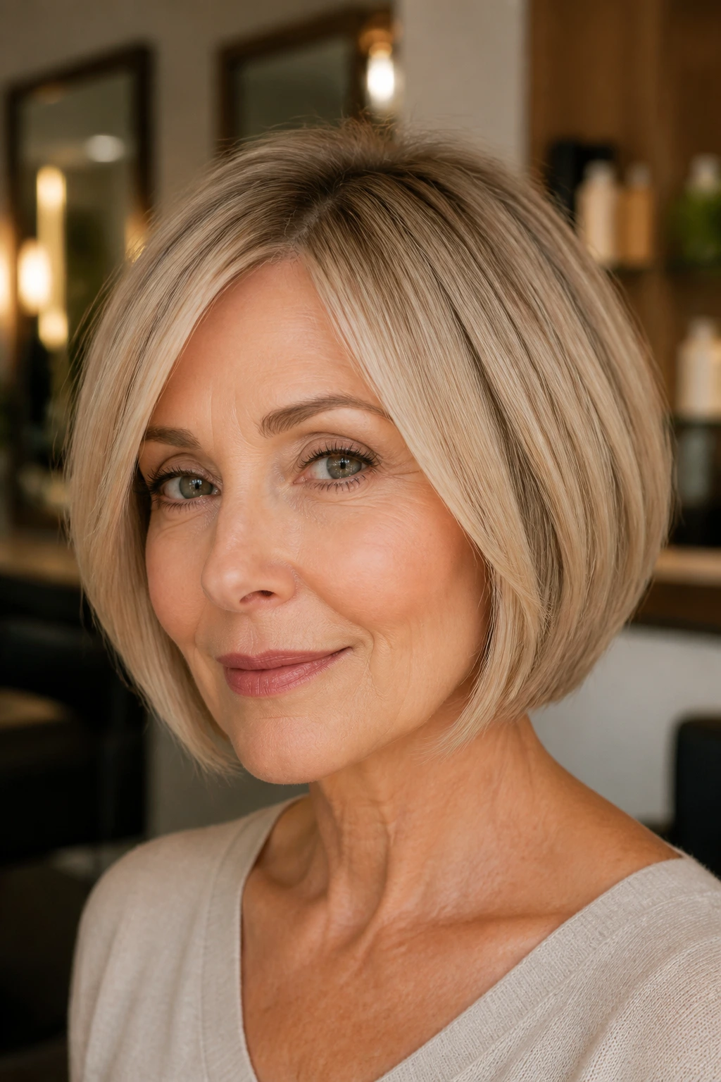 Close-up of a woman with a soft beige blonde bob at the jawline and subtle root shadow.