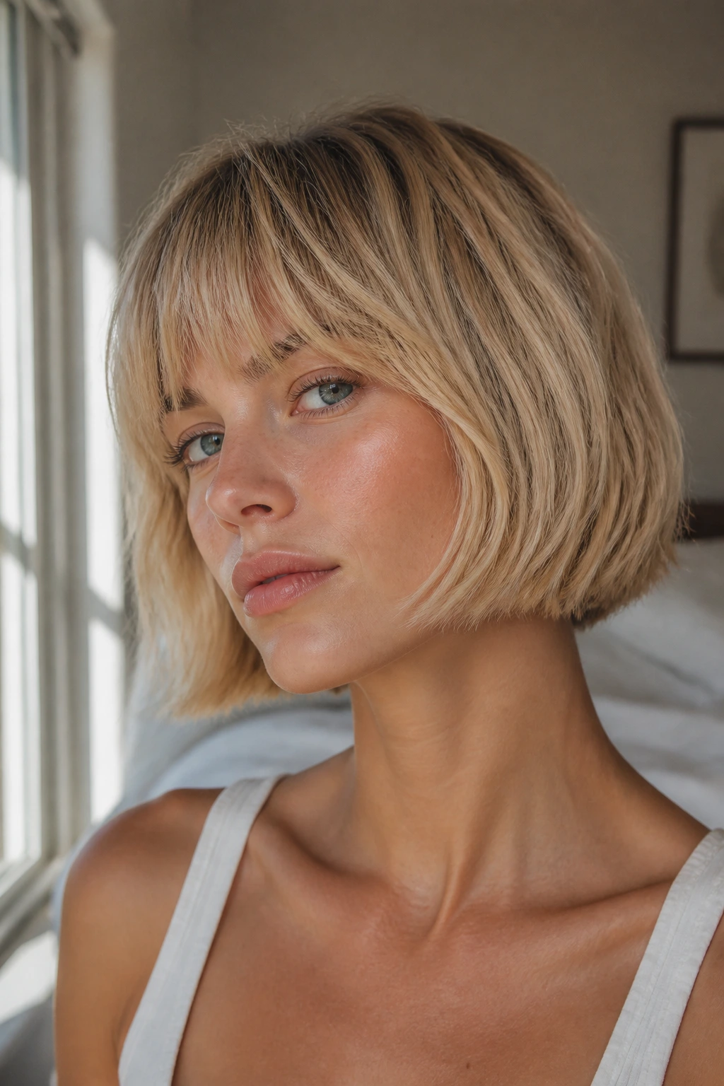 Close-up portrait of a woman with beige blonde French bob at cheekbone length in warm natural light