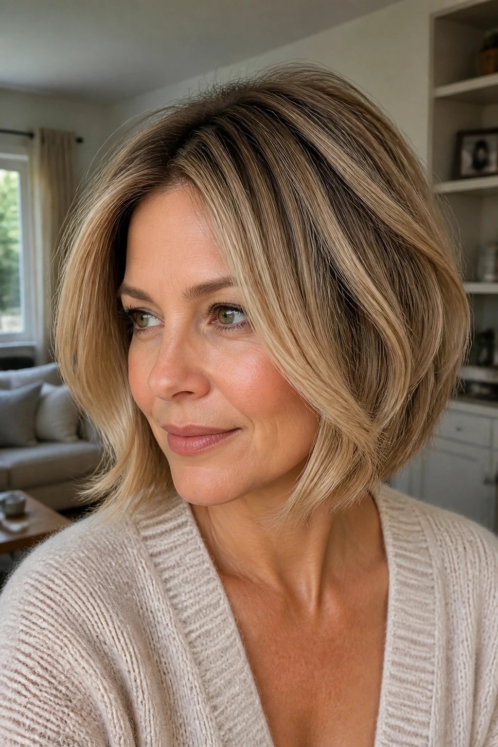 Layered bob with beige blonde balayage emphasizing face-framing layers