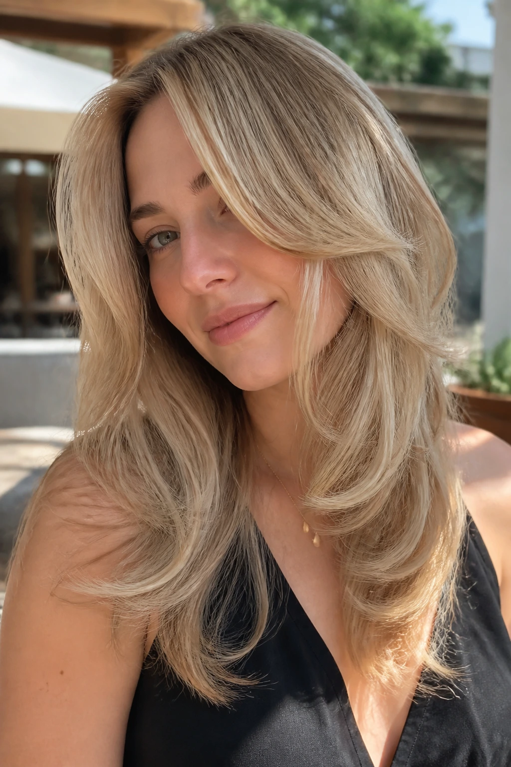 Portrait of a woman with beige blonde butterfly cut and soft waves