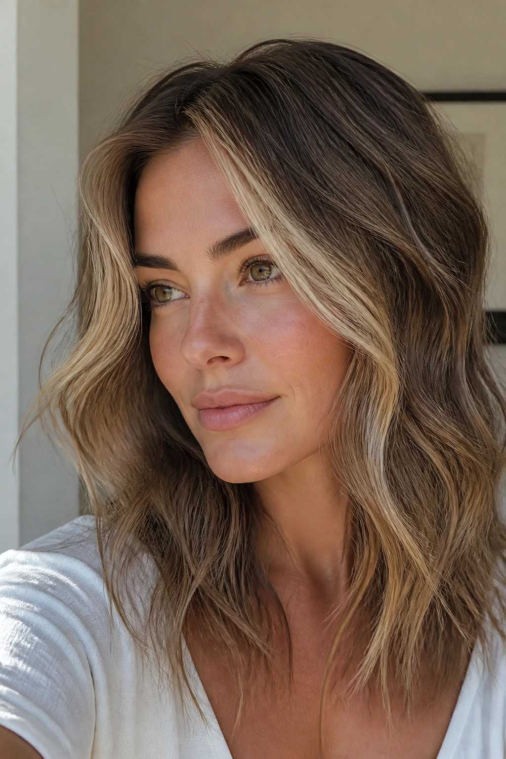 Beige blonde highlight near cheekbone on wavy hair
