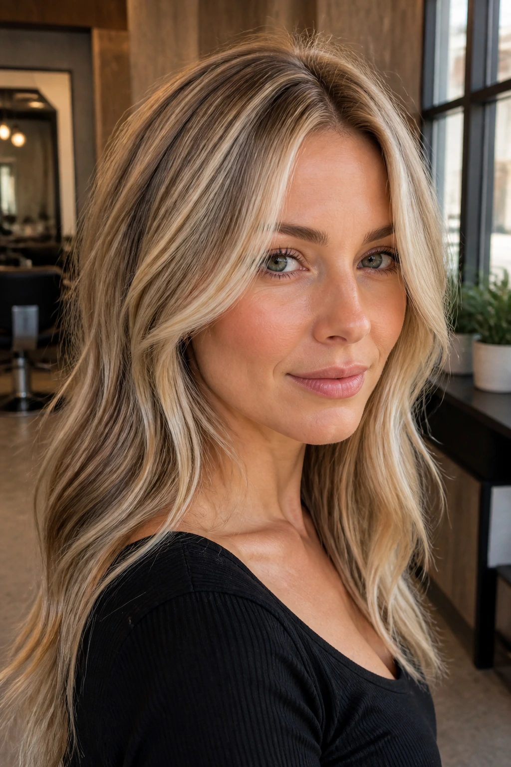 Close-up portrait of a real woman with beige blonde base and chunky lowlights.