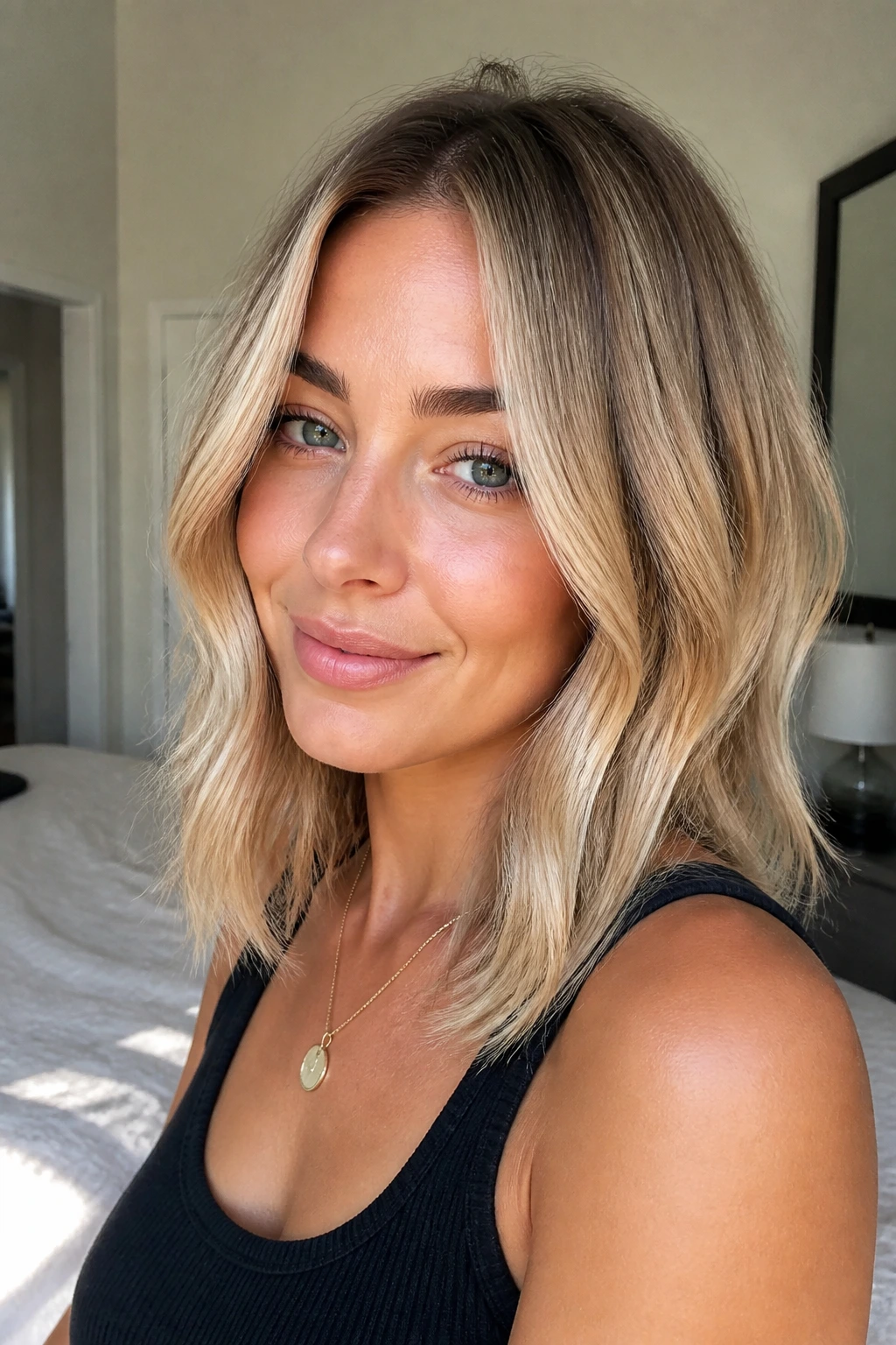 Close-up of a real woman with beige blonde collarbone lob and soft money pieces