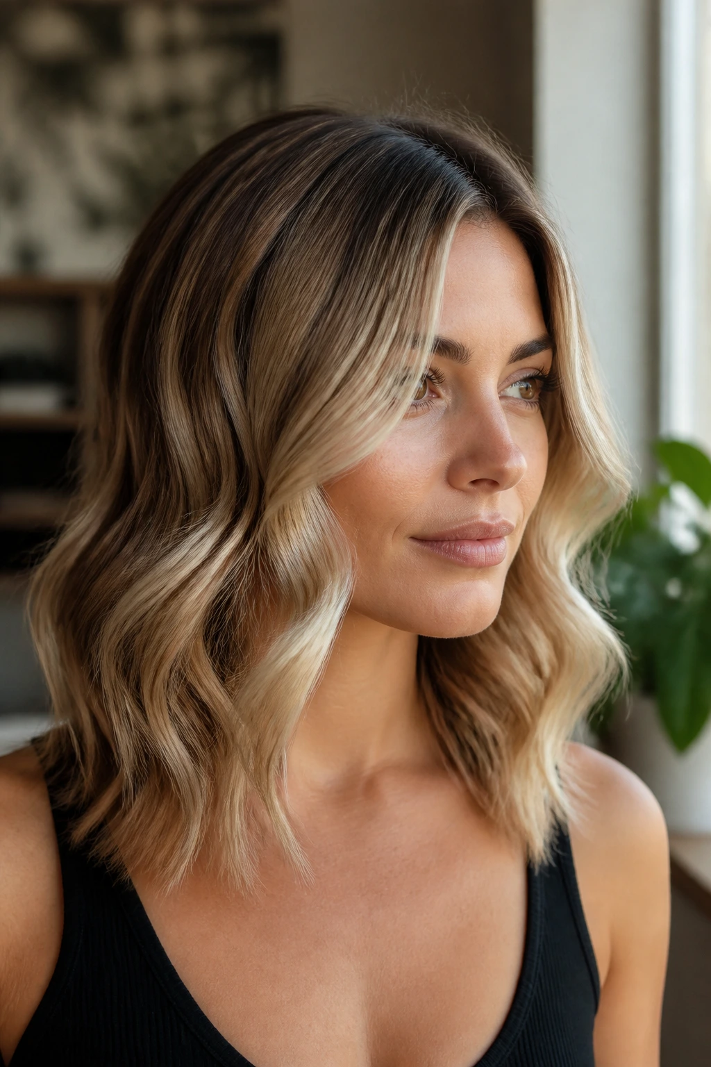 Close-up of rooted beige blonde with loose collarbone length waves on a real person