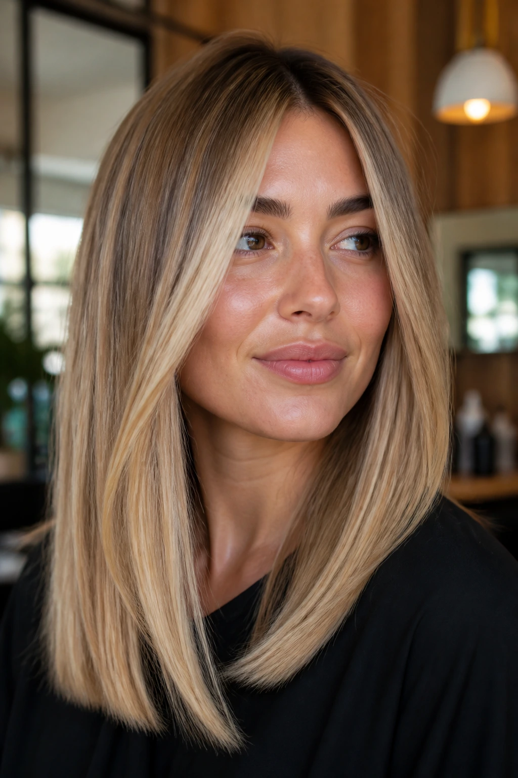 Close-up portrait of a real woman with beige blonde contour on straight hair.