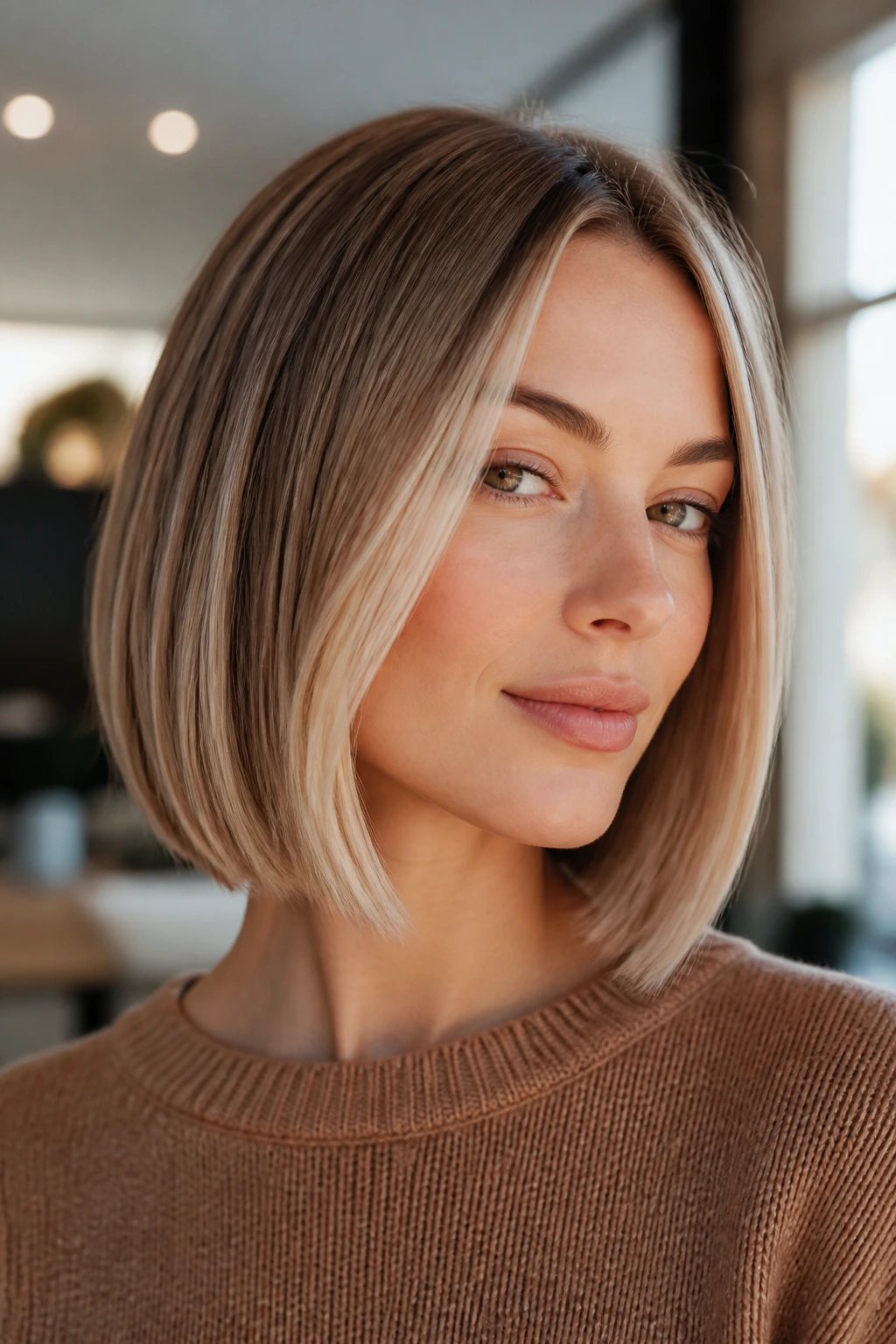 Close-up of a blunt bob with beige blonde contouring at the front