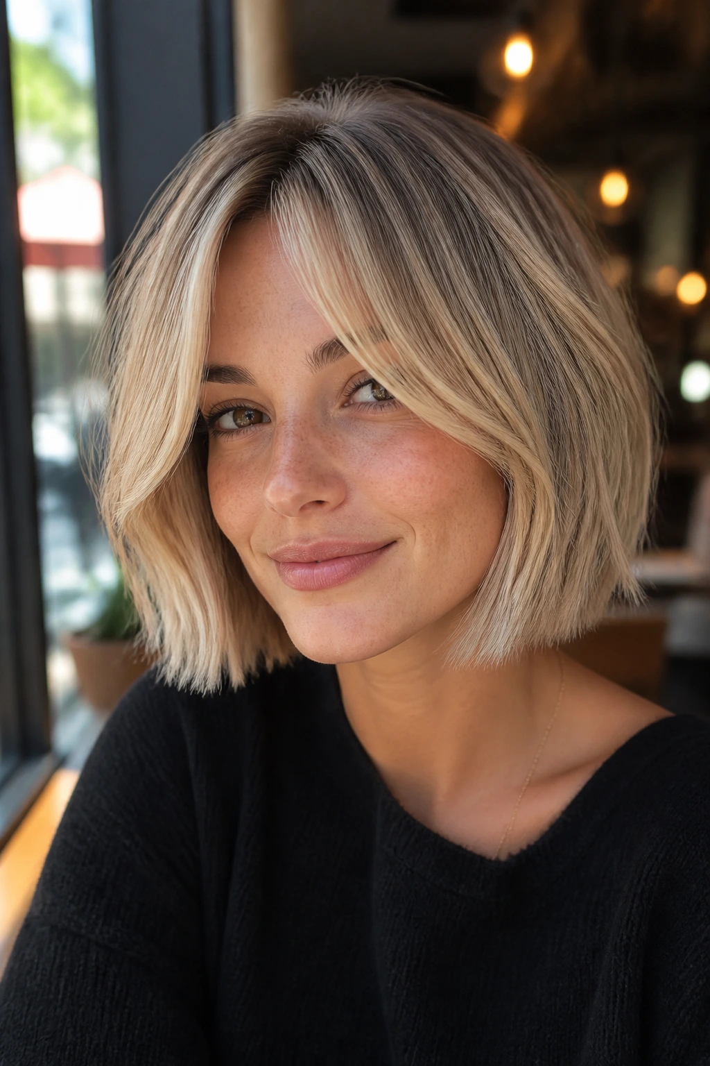 Close-up of a real woman with beige blonde curtain-bang bob in daylight