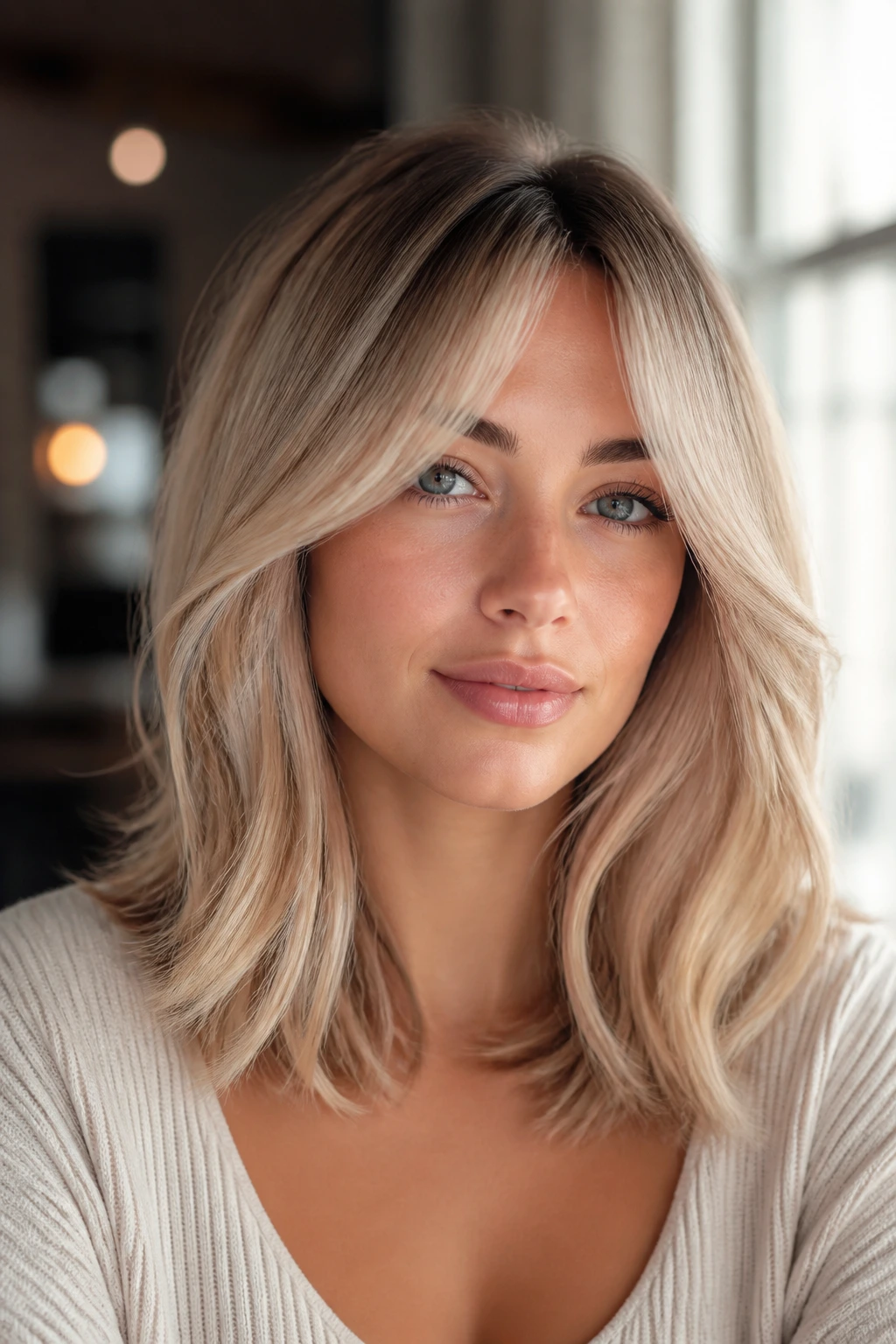 Portrait of a woman with beige blonde hair and curtain bangs in warm light