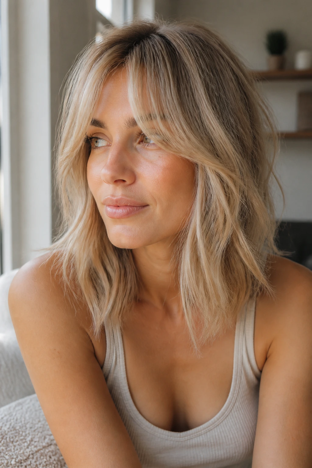 Portrait of a real woman with beige blonde and curtain bangs