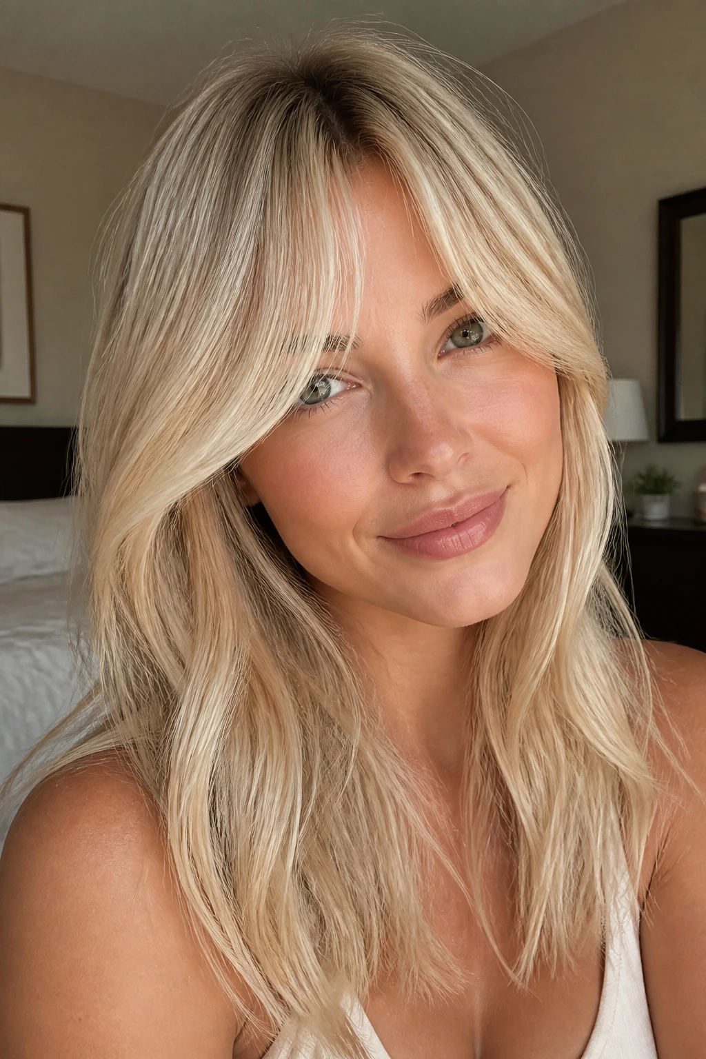 Close-up portrait of a real woman with beige blonde curtain bangs in soft window light