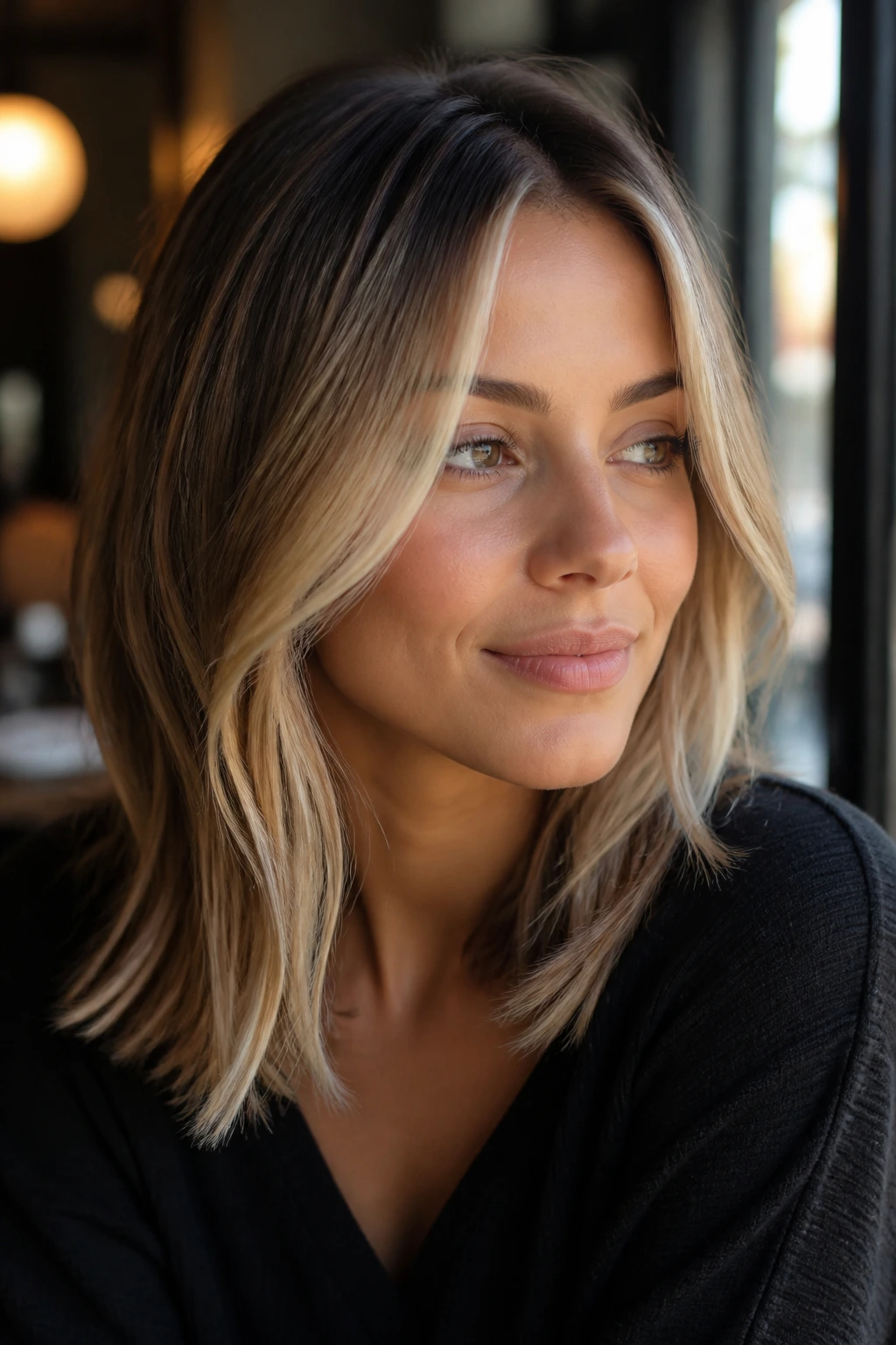 Beige blonde face frame on shoulder-length layered hair