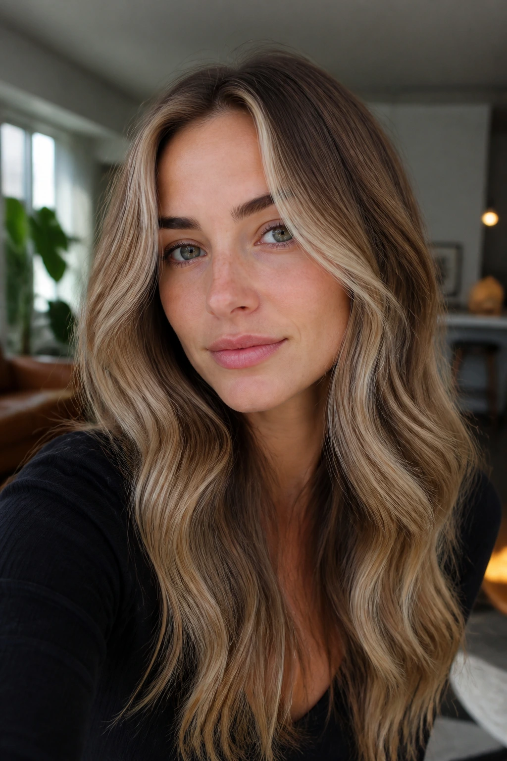 Beige face-framing pieces on long wavy blonde hair