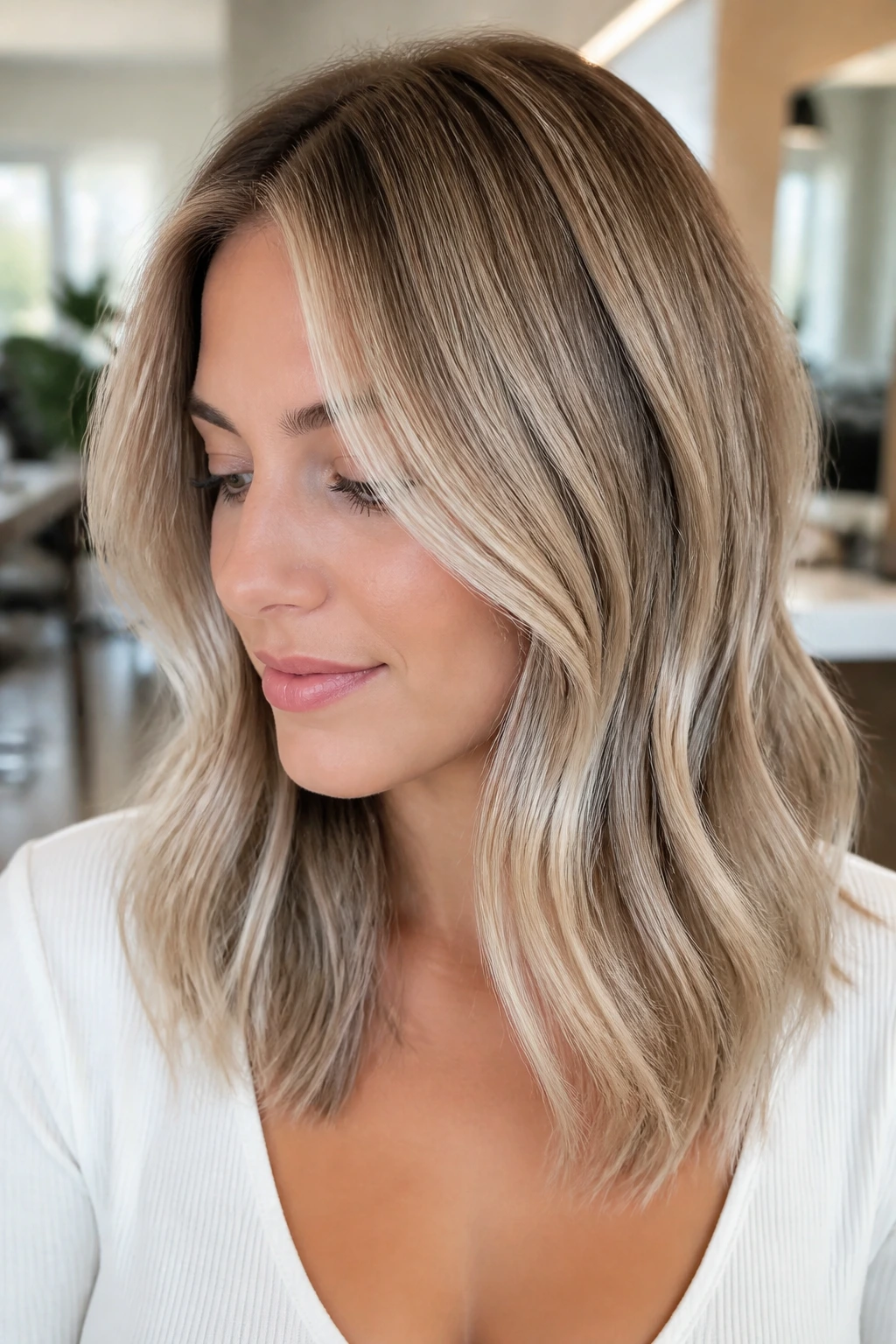 Close-up of a real person with beige blonde foilayage on a medium-length hair
