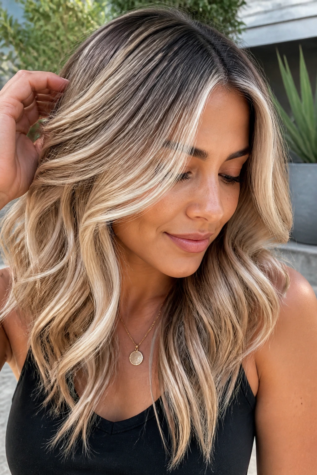 Close-up of a real woman with beige blonde foilyage in outdoor daylight