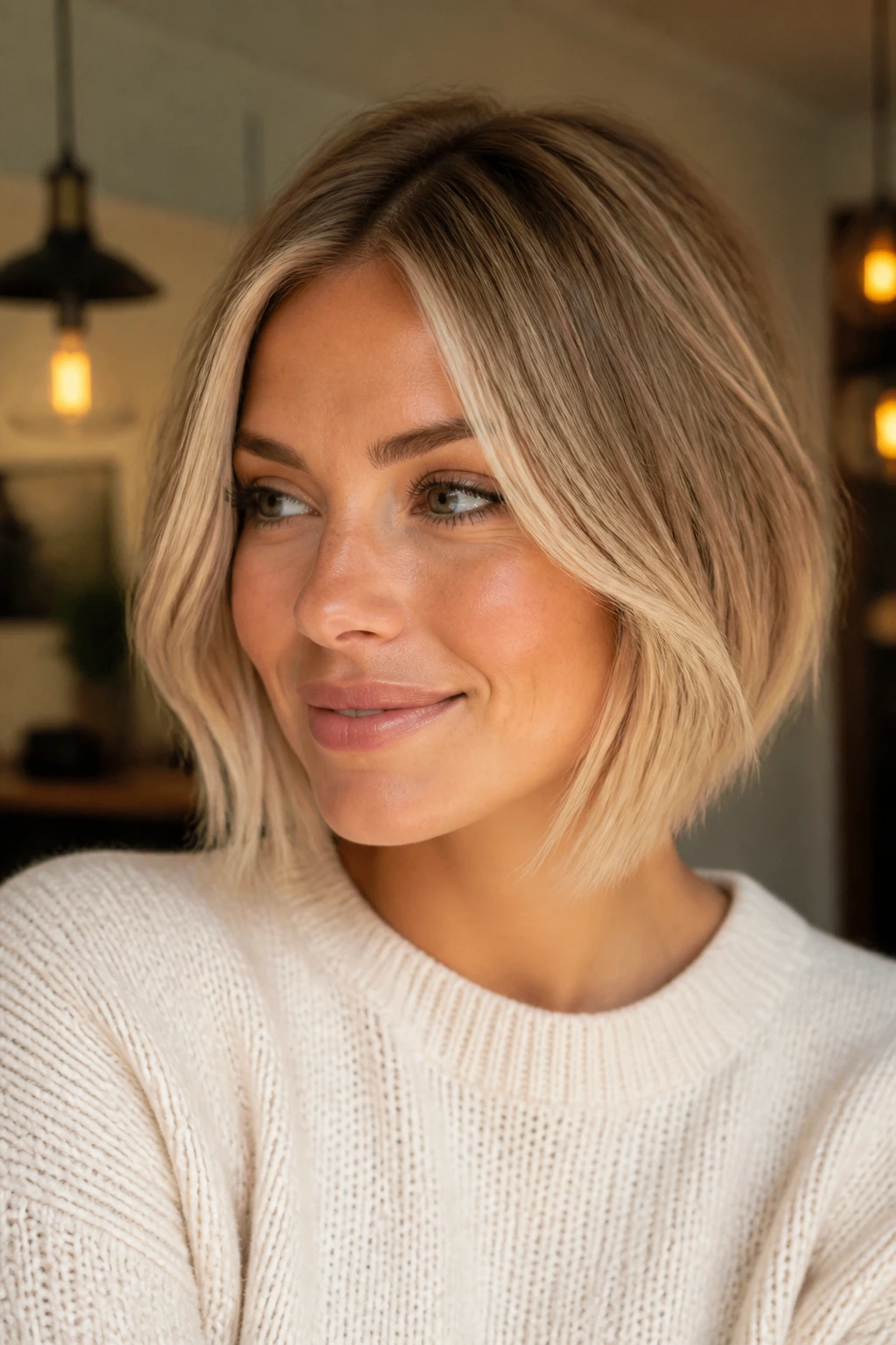 Close-up of a real woman with a beige-framed soft blonde bob.