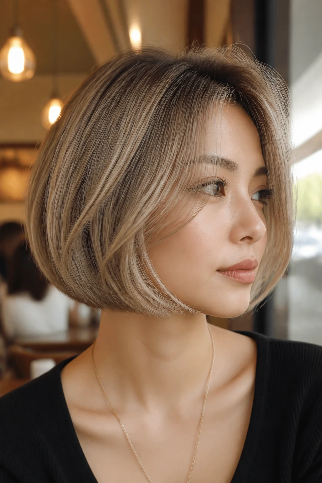 Close-up of a woman with beige blonde highlights in a French bob