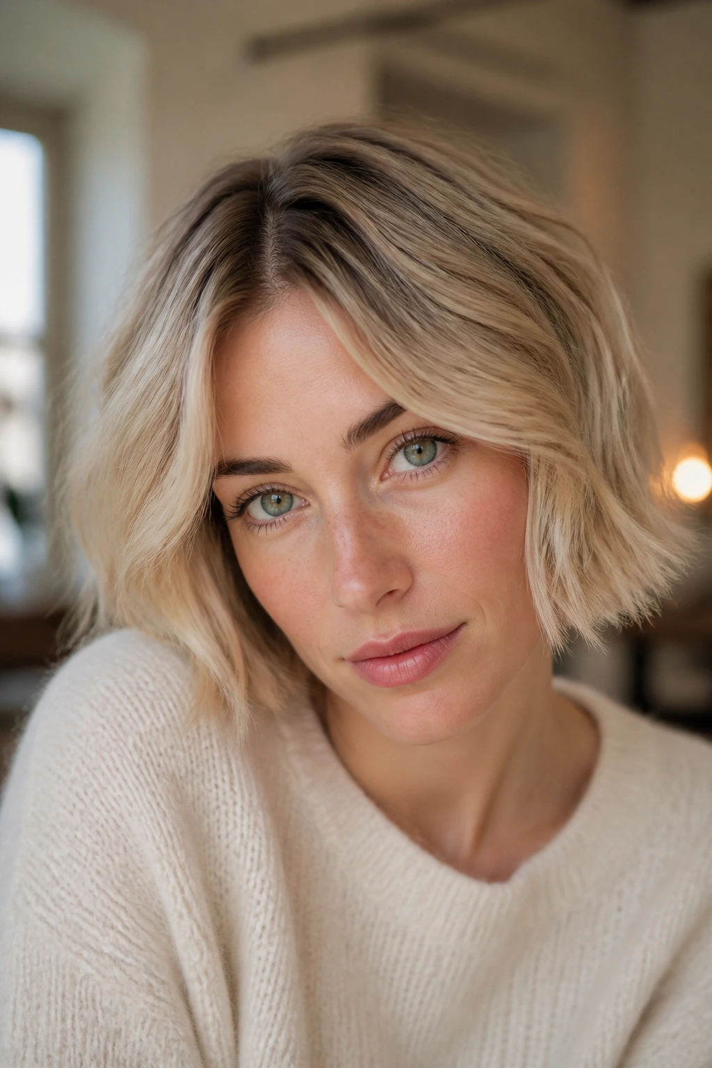 Beige blonde French bob with smudged part line on a real person