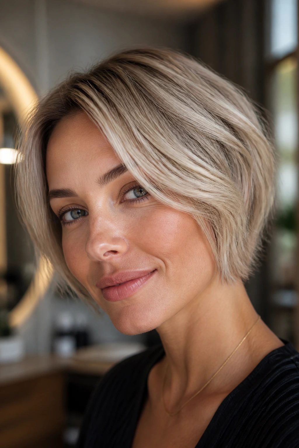 Woman with beige blonde hair in glossy finish in warm salon light